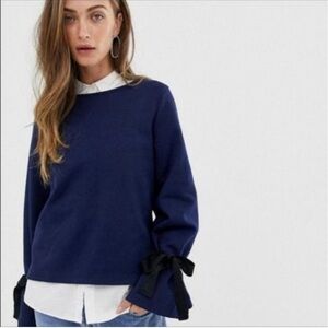 J CREW NWT Navy Sweatshirt Style Knit Blouse w/ Tie Cuff Sleeves